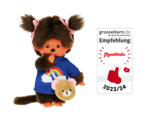 Niedliches Monchhichi Mädchen mit Regenbogen T-Shirt und Tasche, Größe ca. 20 cm